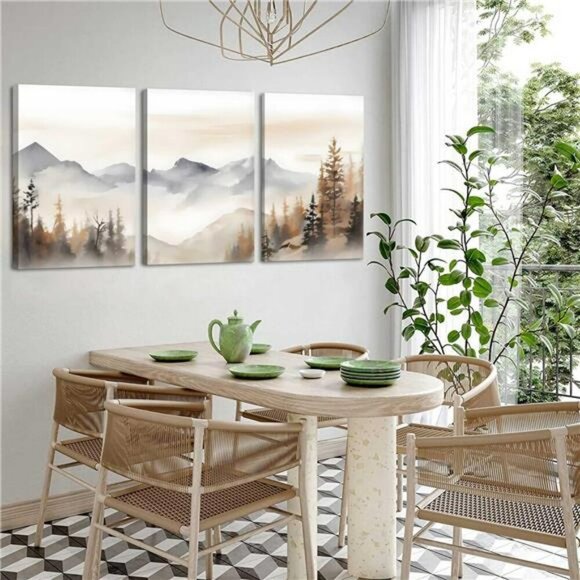 Neutral Mountain Wall Art Set Framed Abstract Forest Canvas for Living Room - Picture 3 of 7
